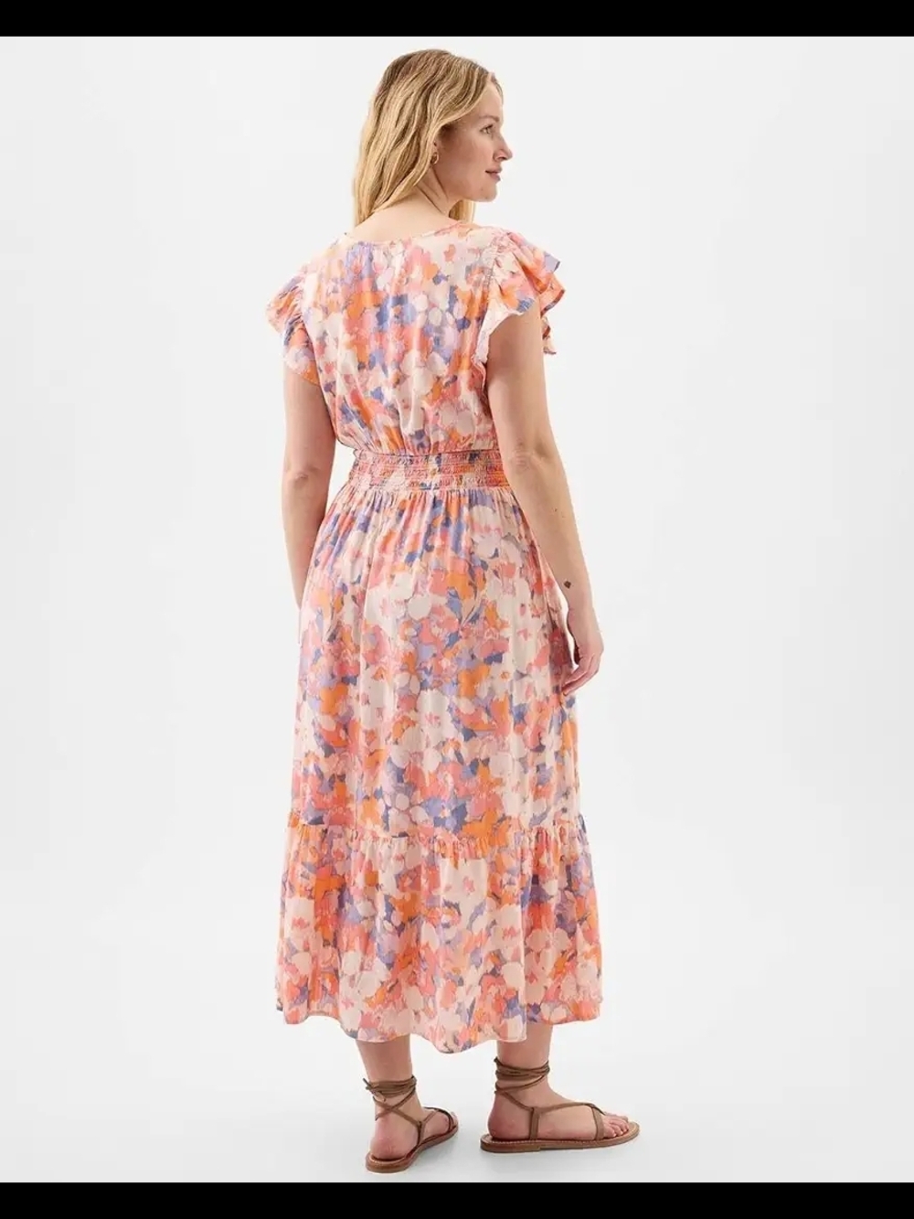 Floral Flutter-Sleeve Midi Dress in Peach Multi - Picture 2 of 9